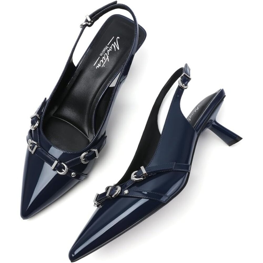 Women's Navy Blue Pointed Toe Pumps Patent Leather Slingback Heels With Buckle - Picture 9 of 9
